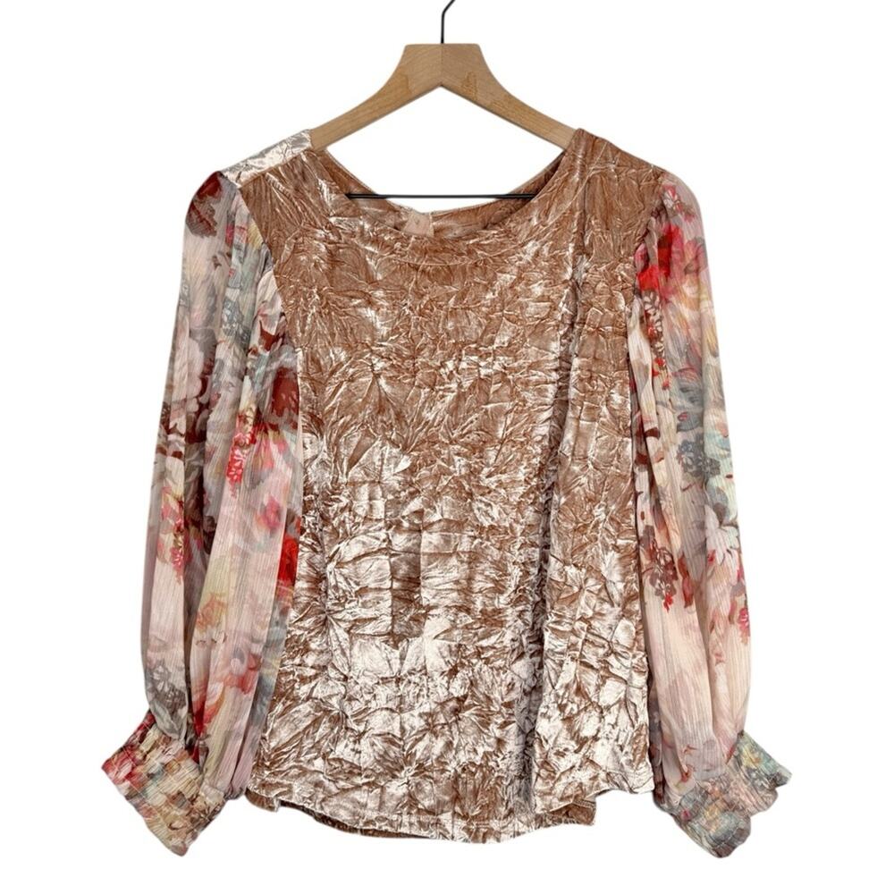 Anthropologie Meadow Rue Crushed Velvet Blouse Floral Sleeves Small - Picture 1 of 5
